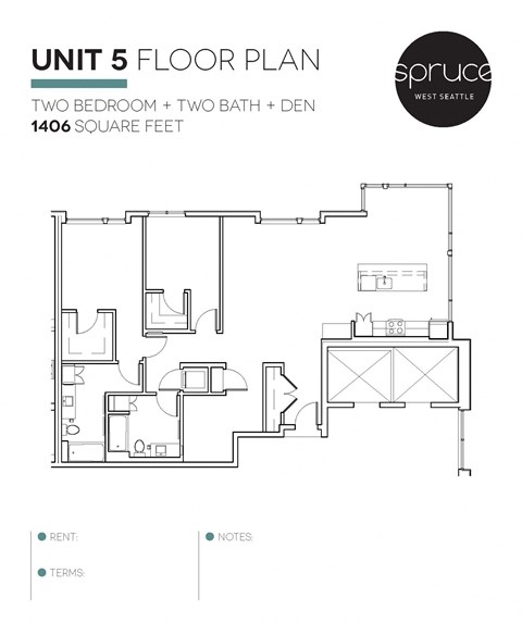 Floor plan for 2 beds, 2 baths, 1406 sqft